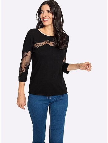 Pull Encolure Ronde Empiècements Brodés Transparents - Taille Standard - Helline