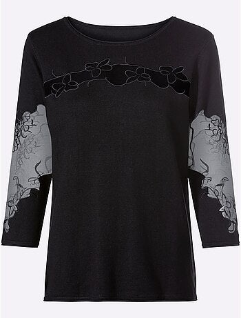 Pull Encolure Ronde Empiècements Brodés Transparents - Taille Standard - Helline