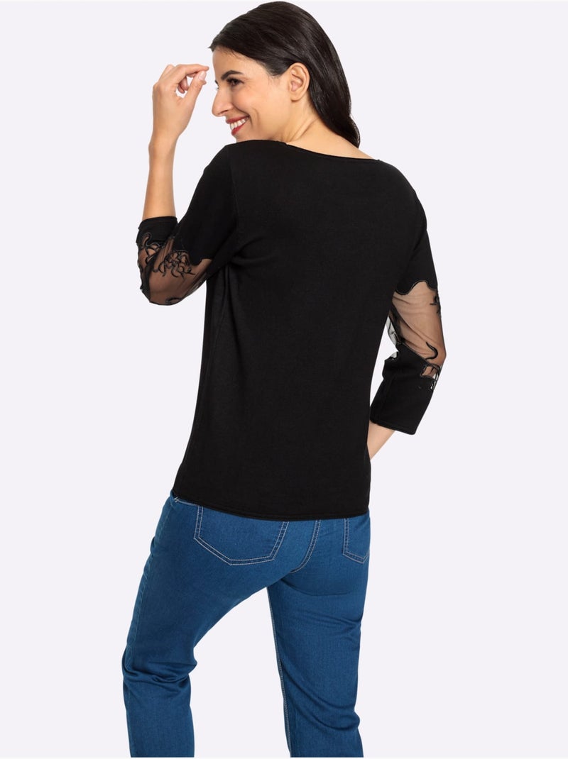 Pull Encolure Ronde Empiècements Brodés Transparents - Taille Standard - Helline Noir - Kiabi