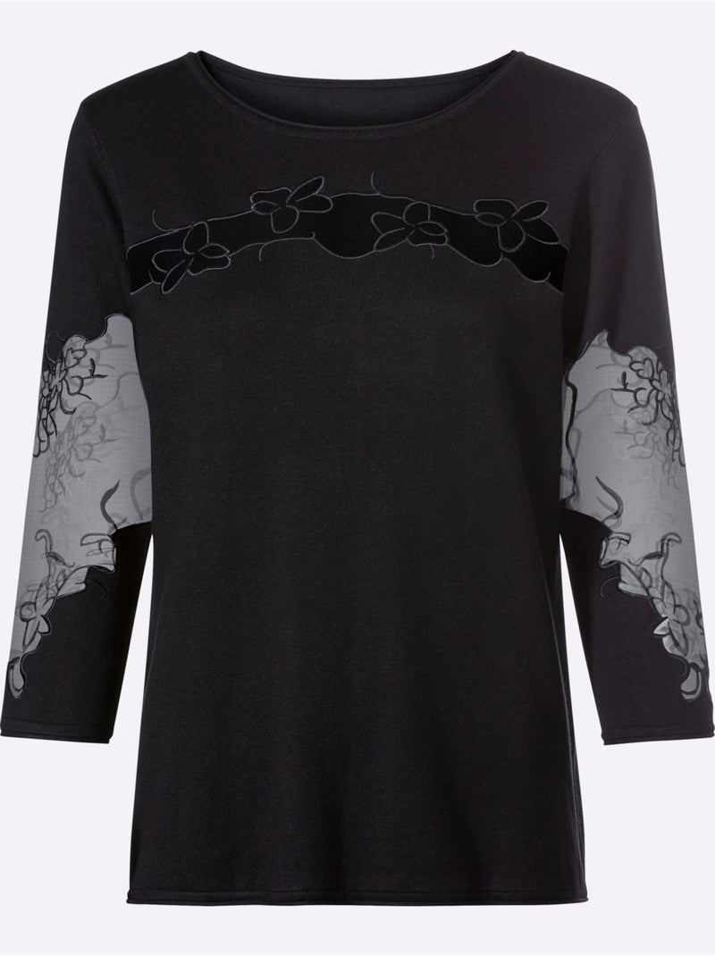 Pull Encolure Ronde Empiècements Brodés Transparents - Taille Standard - Helline Noir - Kiabi