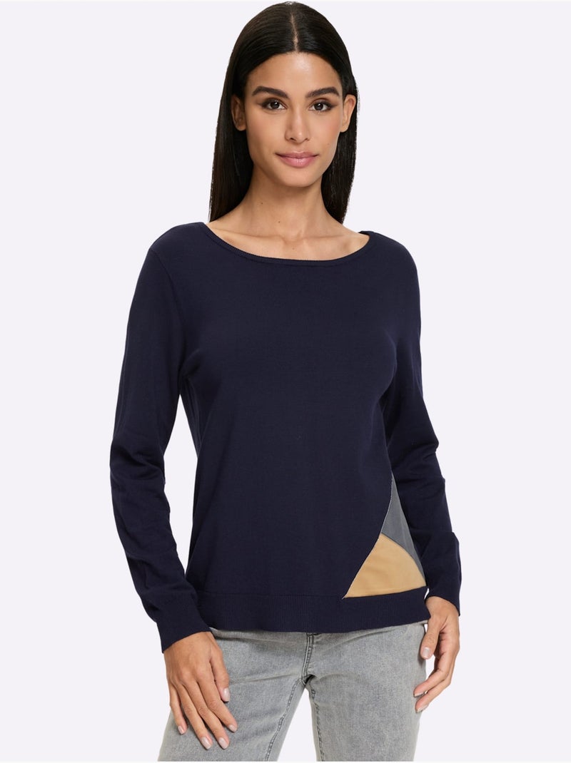 Pull encolure ronde empiècements en imitation cuir - taille standard - helline Bleu marine - Kiabi