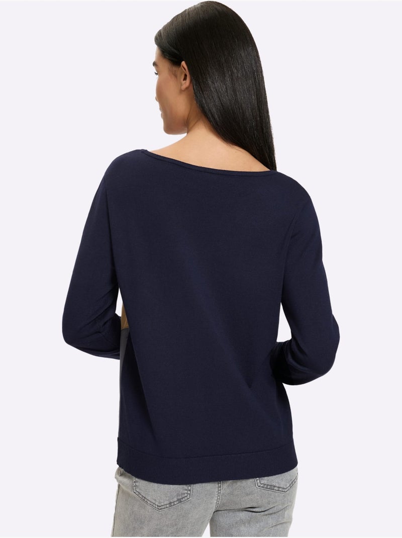 Pull encolure ronde empiècements en imitation cuir - taille standard - helline Bleu marine - Kiabi