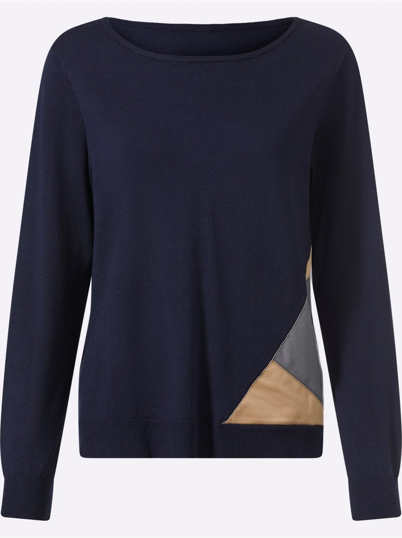 Pull encolure ronde empiècements en imitation cuir - taille standard - helline Bleu marine - Kiabi