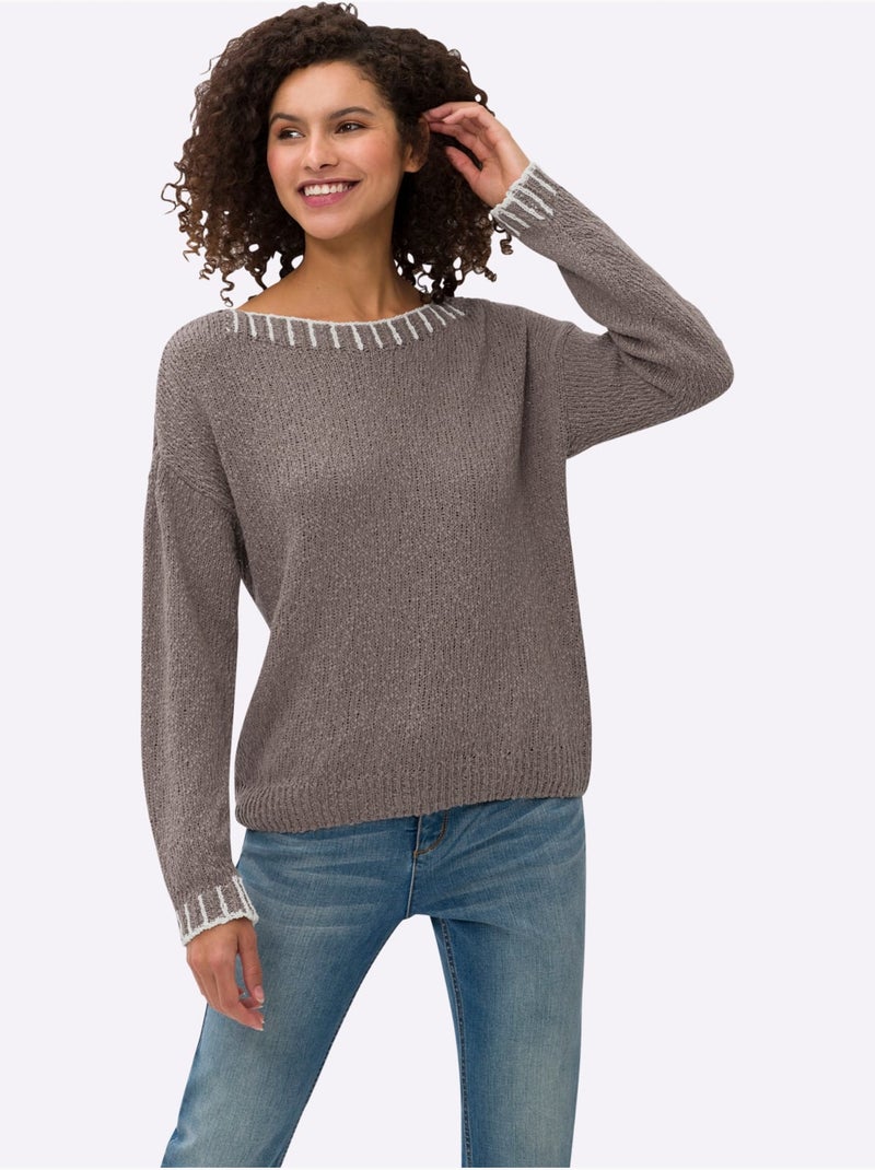 Pull encolure ronde et manches longues en tricot coton doux - taille standard - helline Gris taupe - Kiabi
