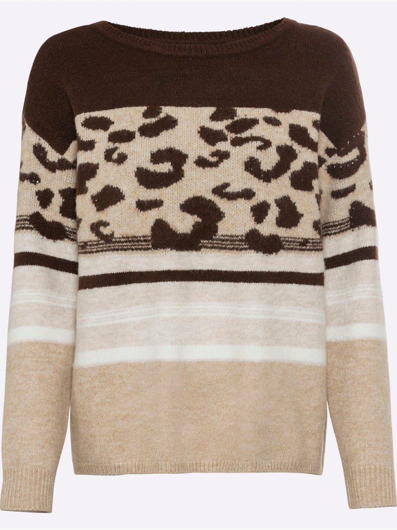 Pull Encolure Ronde Joli Motif Léopard - Taille Standard - Helline Marron - Kiabi