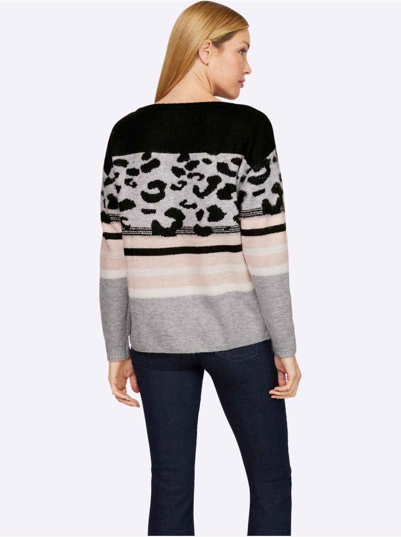 Pull Encolure Ronde Joli Motif Léopard - Taille Standard - Helline Noir Ecru - Kiabi