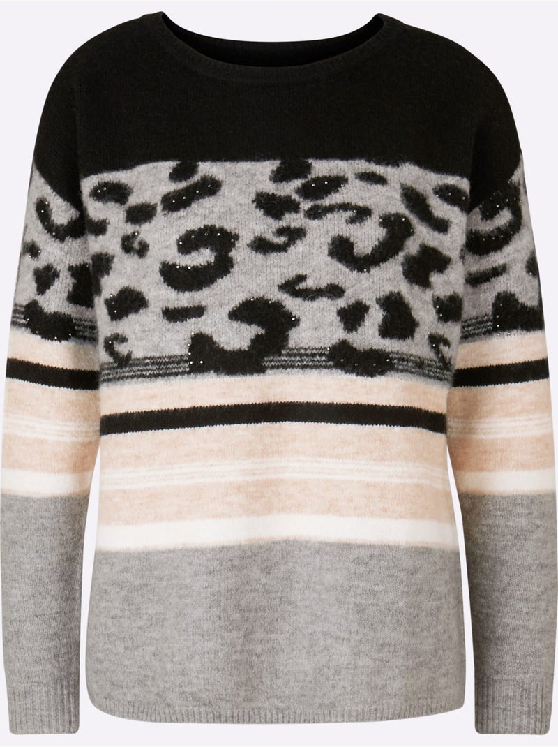 Pull Encolure Ronde Joli Motif Léopard - Taille Standard - Helline Noir Ecru - Kiabi