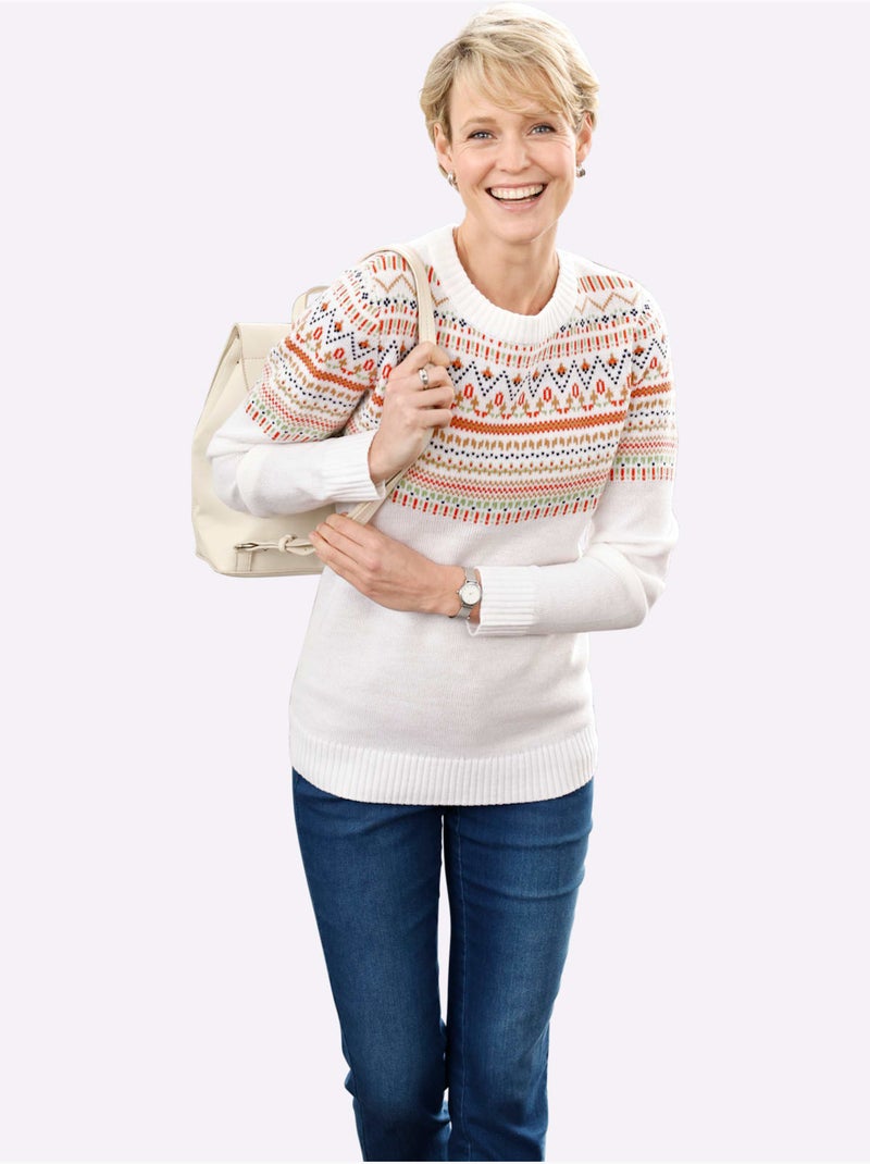 Pull Encolure Ronde Joli Motif Norvégien - Taille Standard - Moda Vilona Écru/Rose - Kiabi