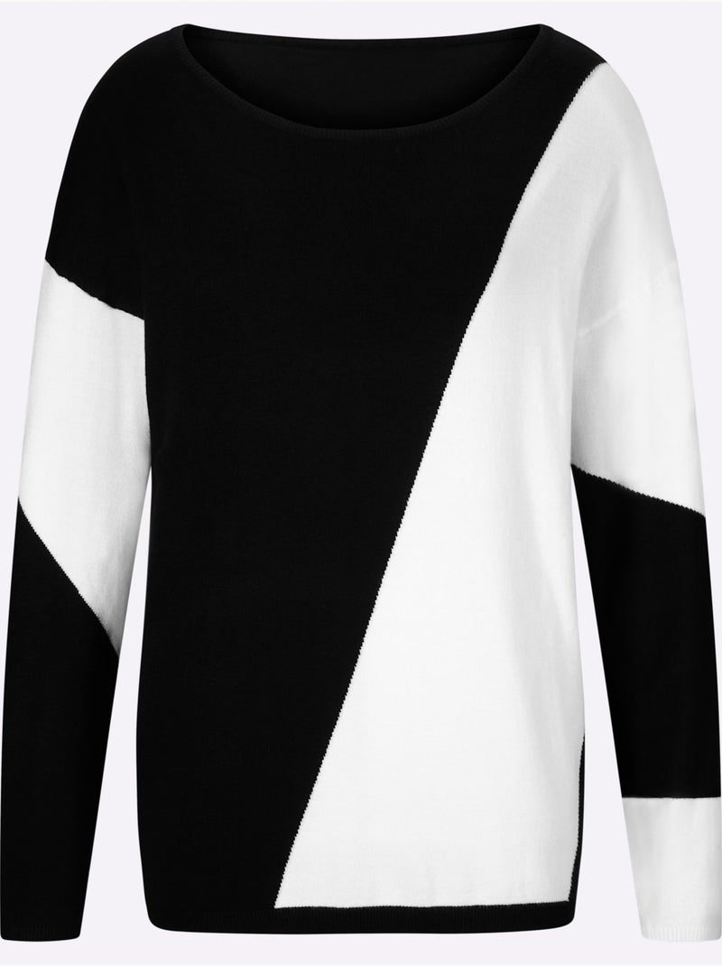 Pull Encolure Ronde Motif Graphique - Taille Standard - Helline Noir Ecru - Kiabi