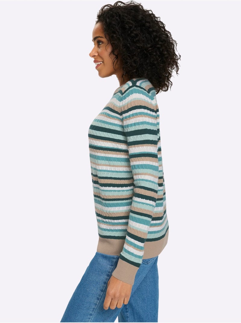 Pull Encolure Ronde Motif Torsadé Sportif - Taille Standard - Moda Vilona Bleu Vert - Kiabi