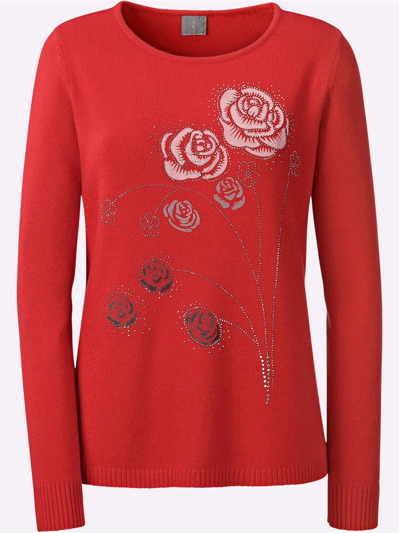 Pull Encolure Ronde Petites Pierres Brillantes Fantaisie - Taille Standard - Witt Rouge - Kiabi