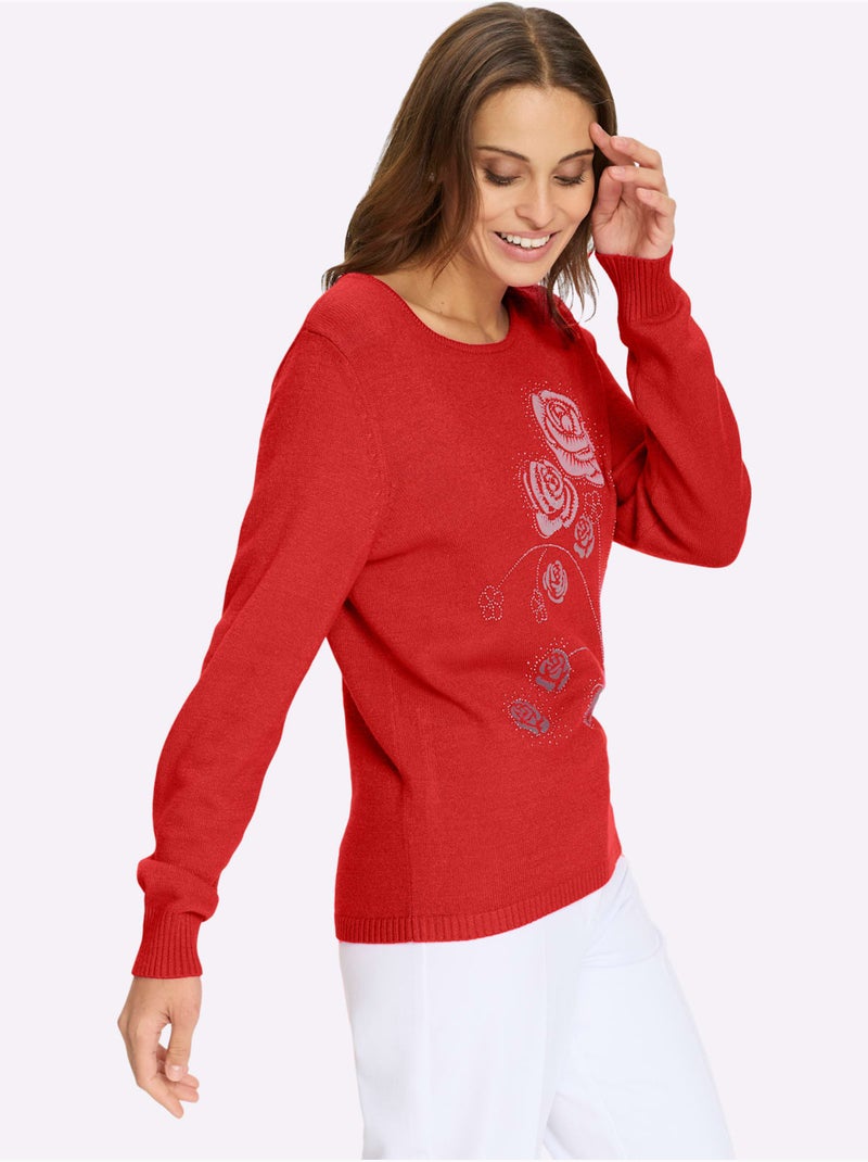 Pull Encolure Ronde Petites Pierres Brillantes Fantaisie - Taille Standard - Witt Rouge - Kiabi