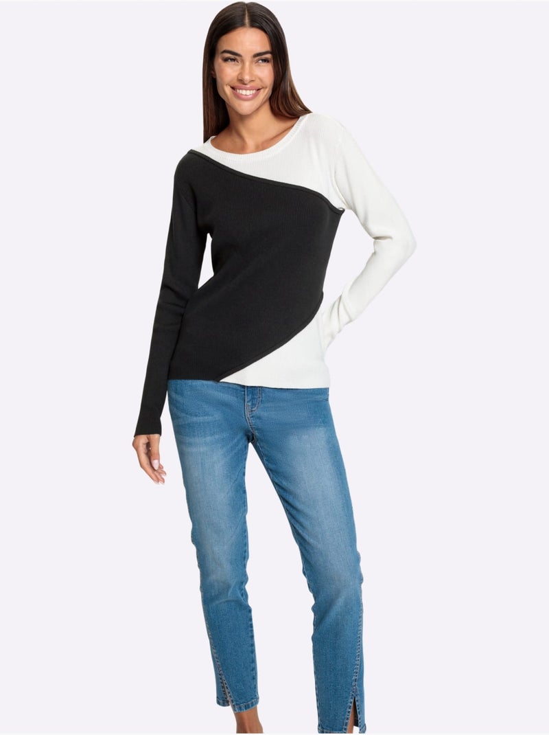 Pull Encolure Ronde Qualité Viscose Douce - Taille Standard - Helline Noir Ecru - Kiabi