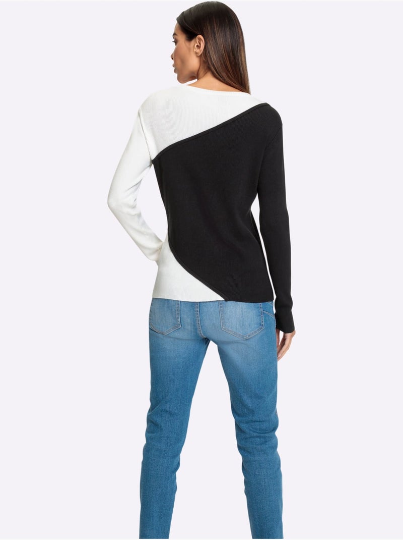 Pull Encolure Ronde Qualité Viscose Douce - Taille Standard - Helline Noir Ecru - Kiabi