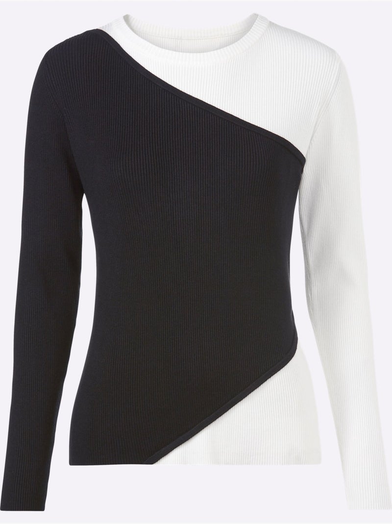 Pull Encolure Ronde Qualité Viscose Douce - Taille Standard - Helline Noir Ecru - Kiabi