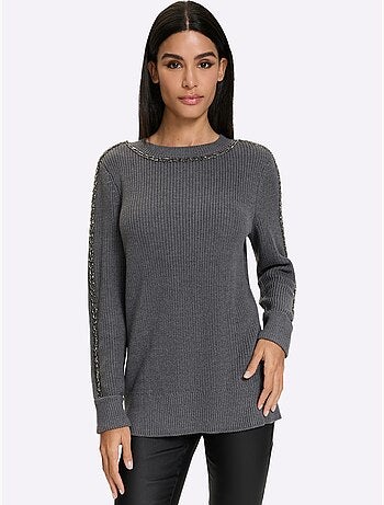 Pull encolure ronde superbes perles fantaisie - taille standard - helline