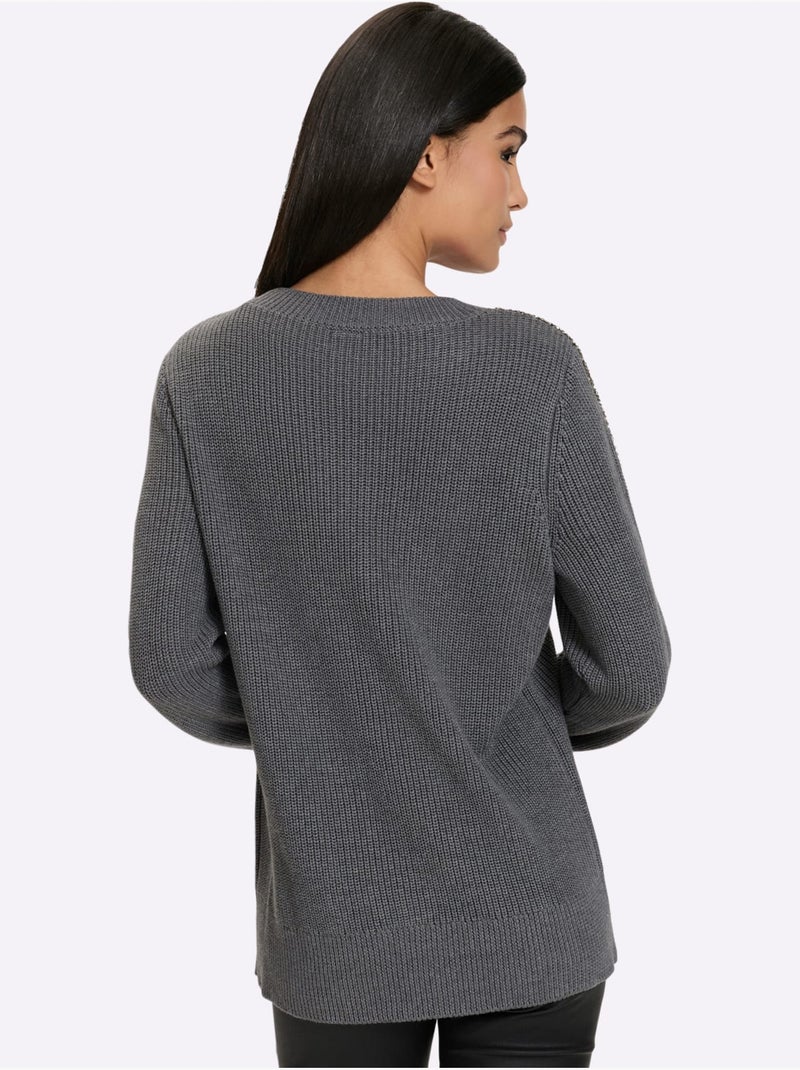 Pull encolure ronde superbes perles fantaisie - taille standard - helline Noir Gris anthracite - Kiabi