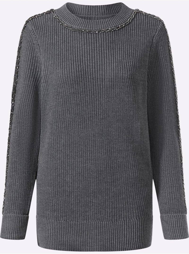 Pull encolure ronde superbes perles fantaisie - taille standard - helline Noir Gris anthracite - Kiabi
