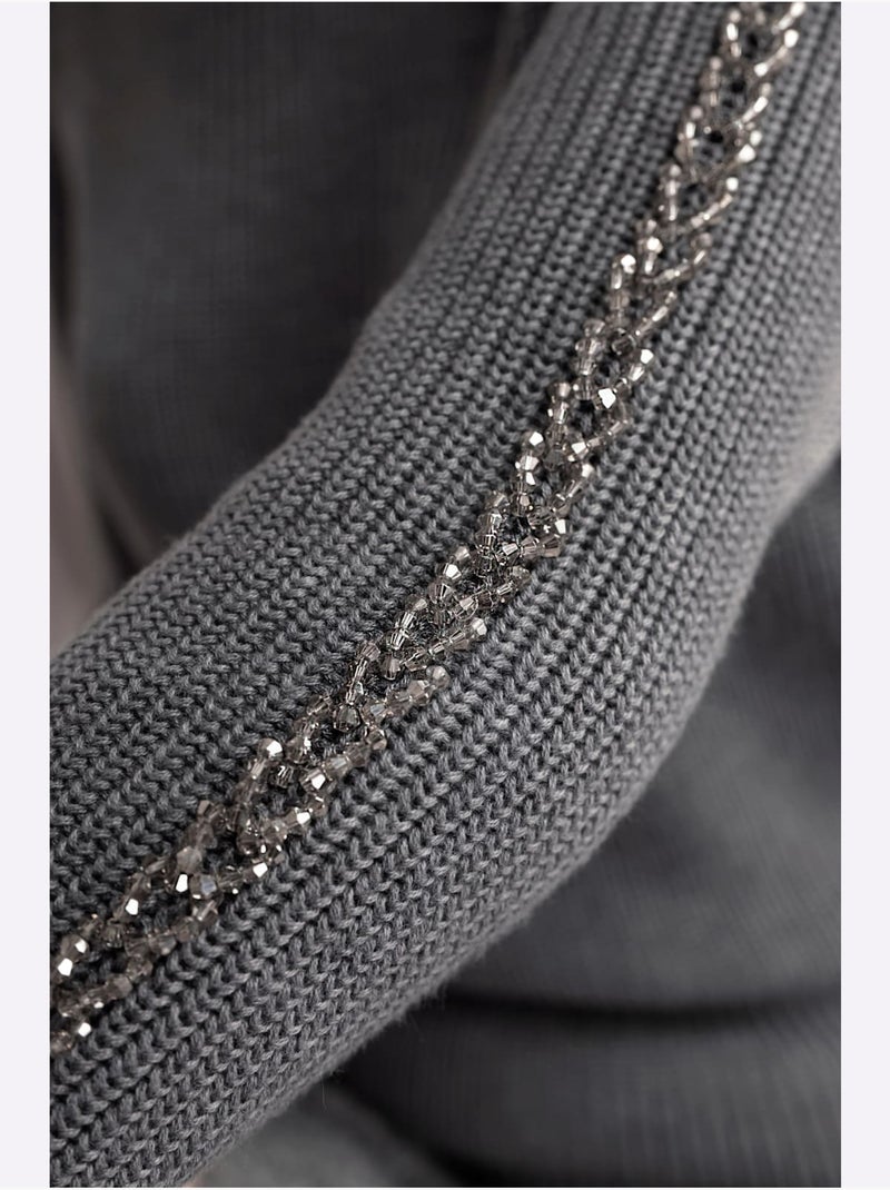 Pull encolure ronde superbes perles fantaisie - taille standard - helline Noir Gris anthracite - Kiabi