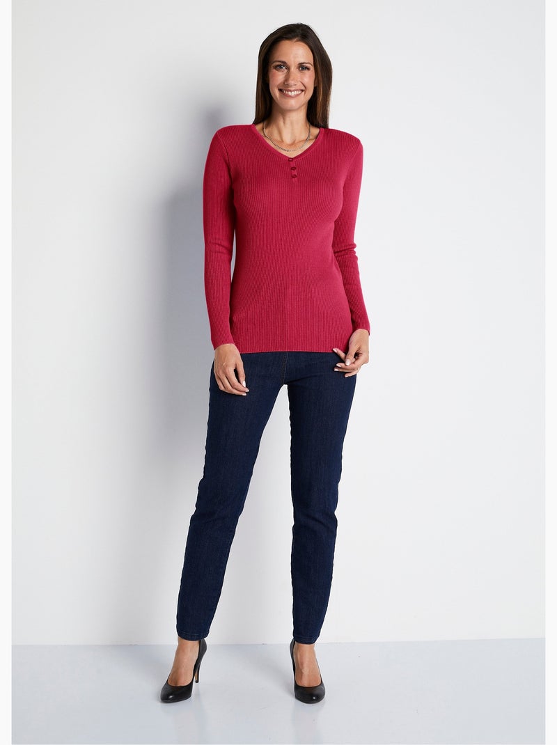 Pull encolure tunisienne avec laine mérinos - Afibel Framboise - Kiabi