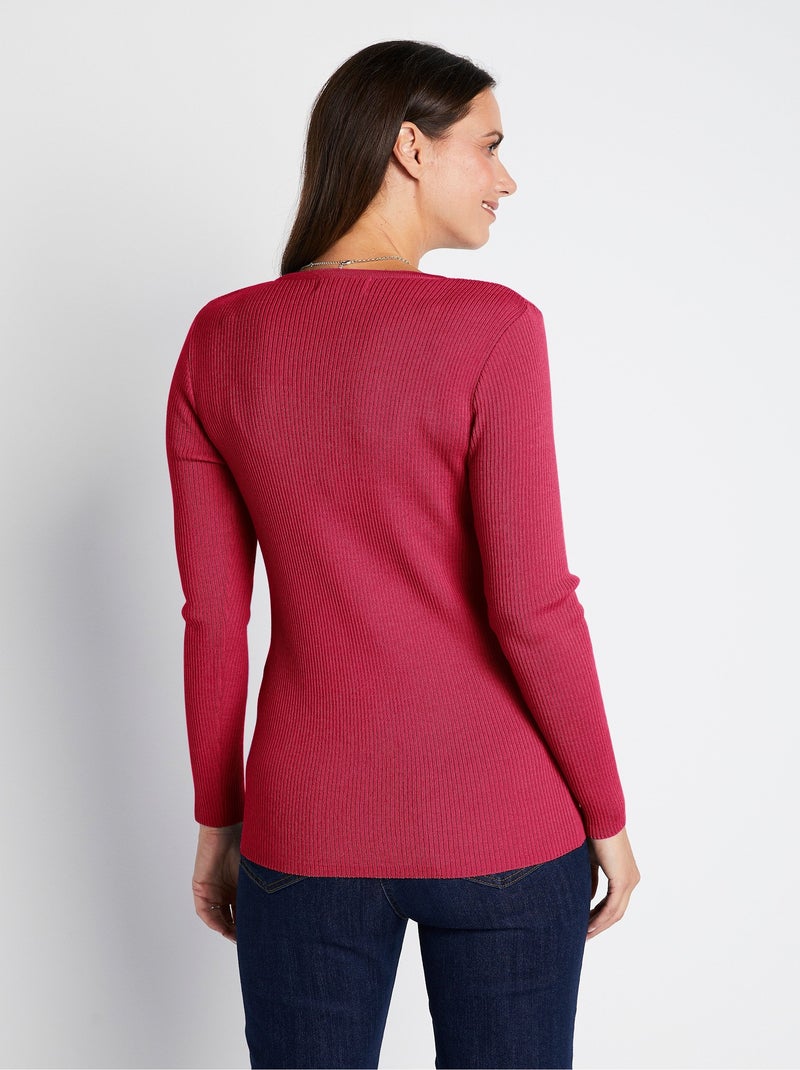 Pull encolure tunisienne avec laine mérinos Rose framboise - Kiabi