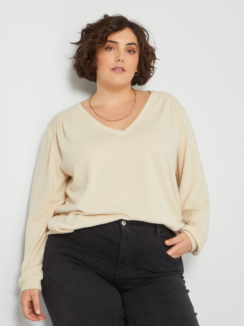 Pull encolure V maille douce beige - Kiabi