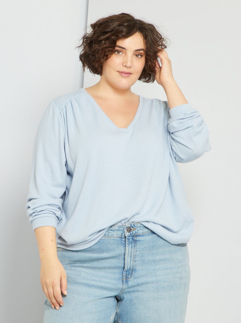 Pull encolure V maille douce Bleu ciel - Kiabi
