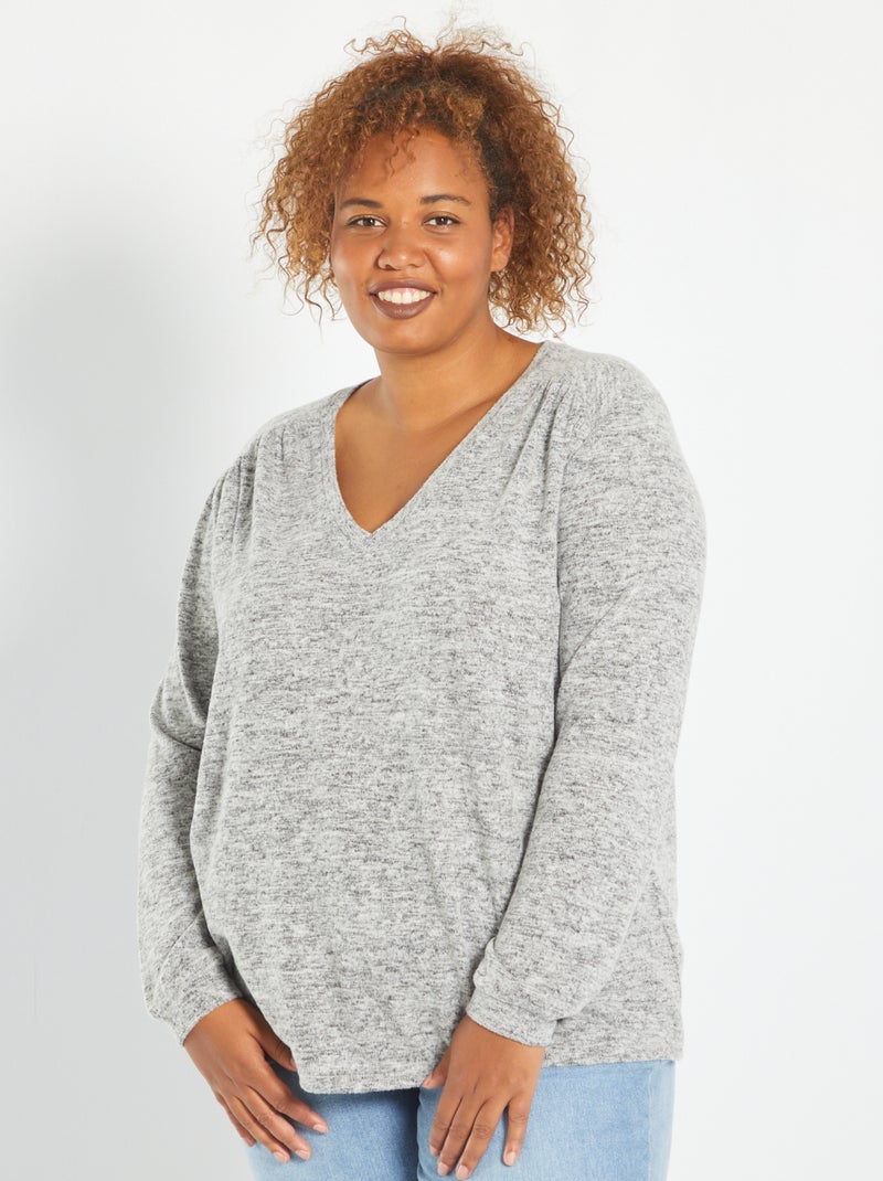 Pull encolure V maille douce Gris - Kiabi