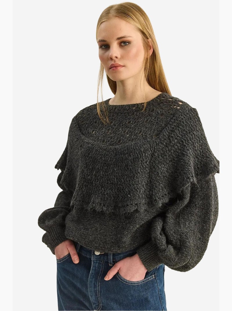 Pull épais côtelé à col bateau avec détails à volants lucci Gris Noir - Kiabi