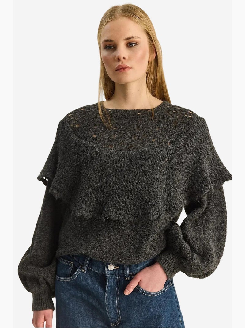 Pull épais côtelé à col bateau avec détails à volants lucci Gris Noir - Kiabi
