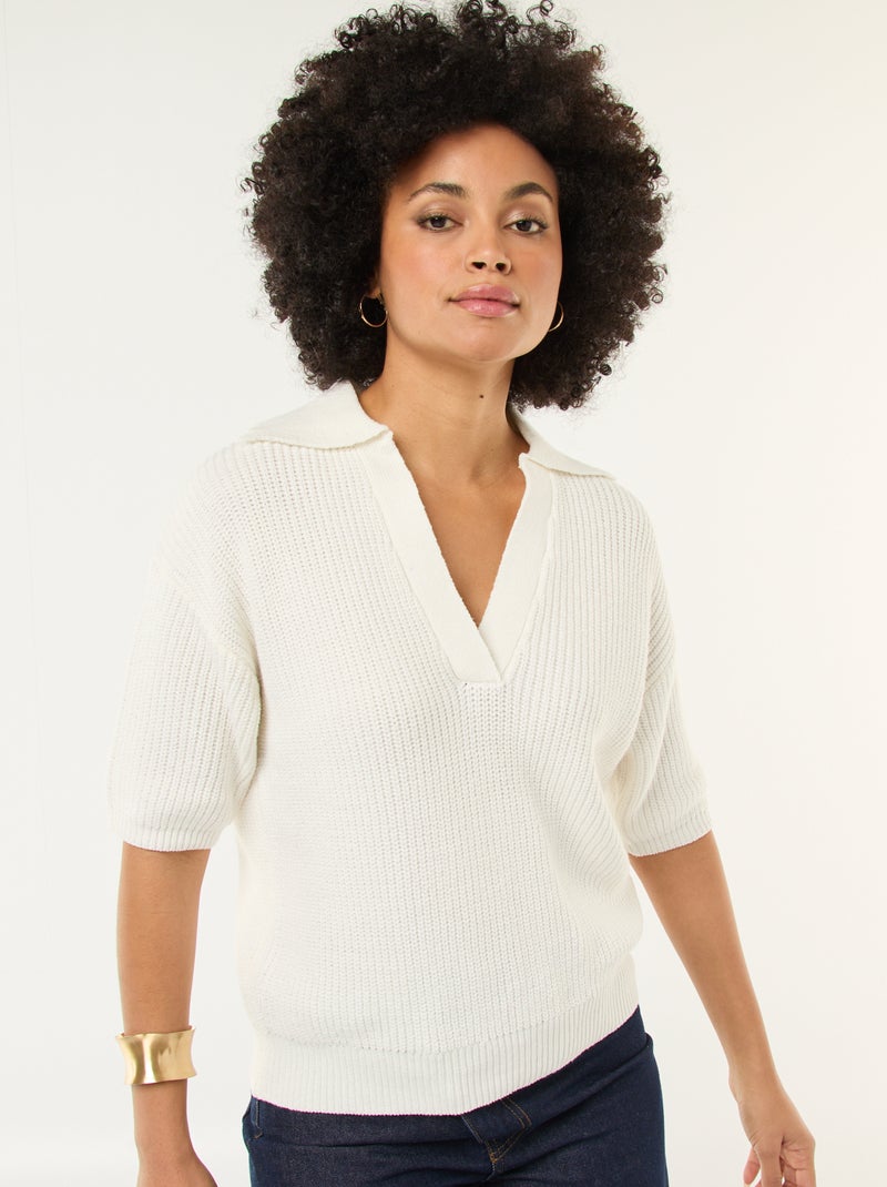 Pull esprit polo avec encolure V Blanc - Kiabi
