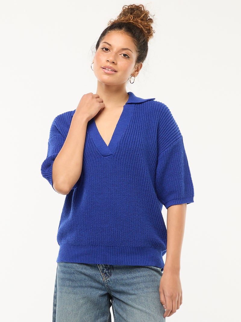 Pull esprit polo avec encolure V Bleu - Kiabi