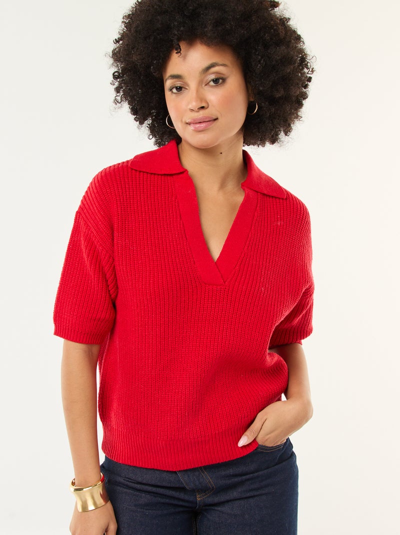 Pull esprit polo avec encolure V Rouge - Kiabi