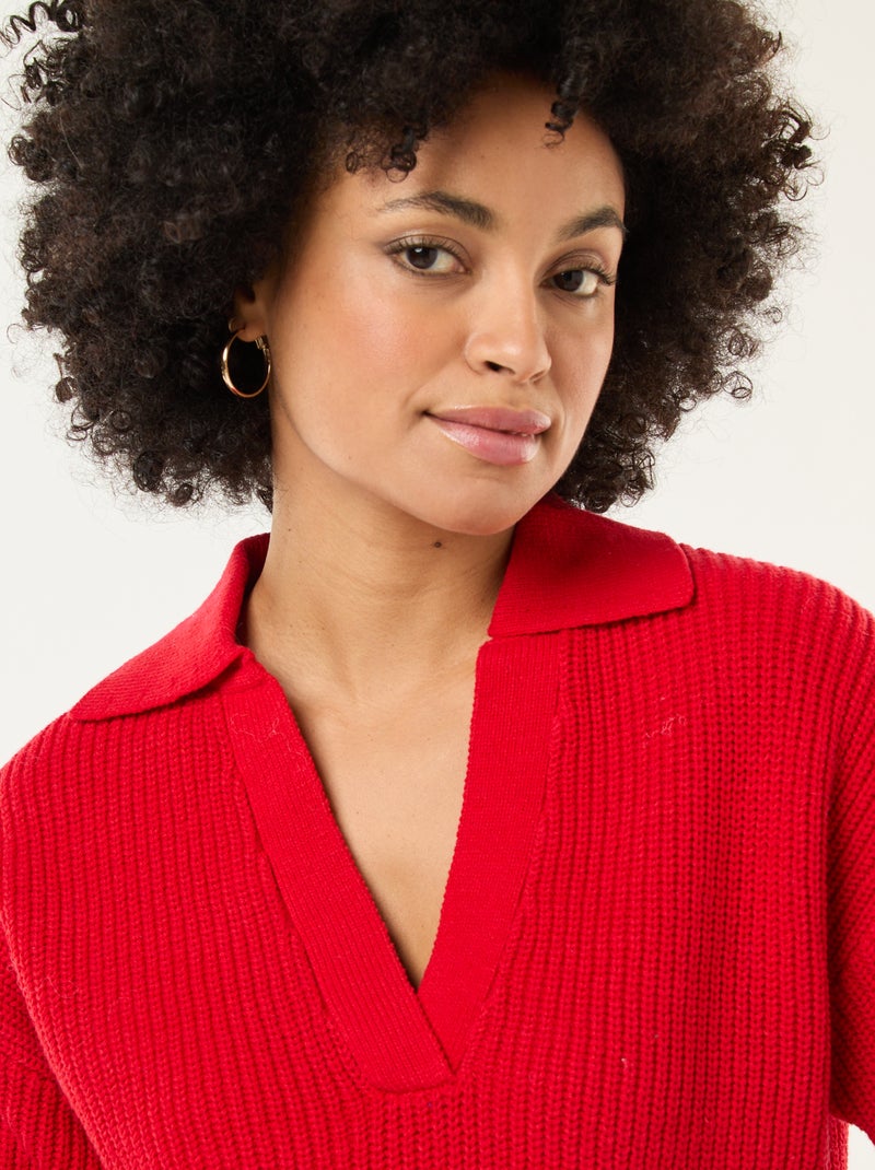 Pull esprit polo avec encolure V Rouge - Kiabi