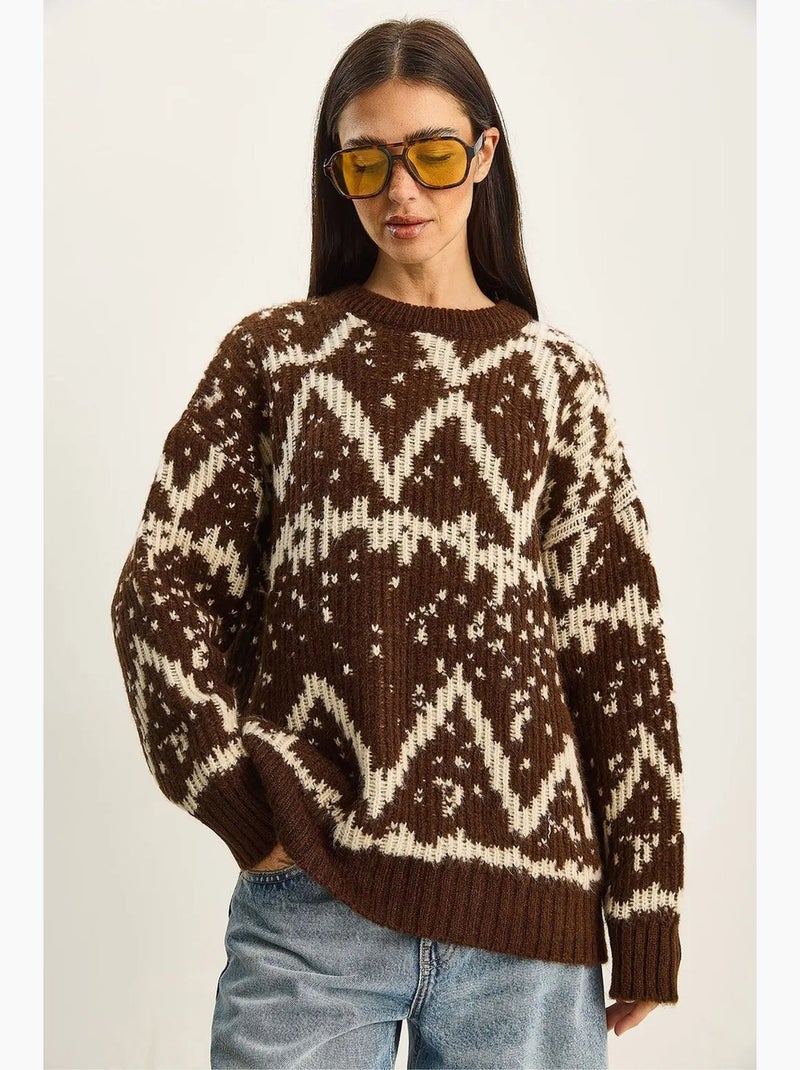 Pull ethnique oversize en maille lucci Marron - Kiabi