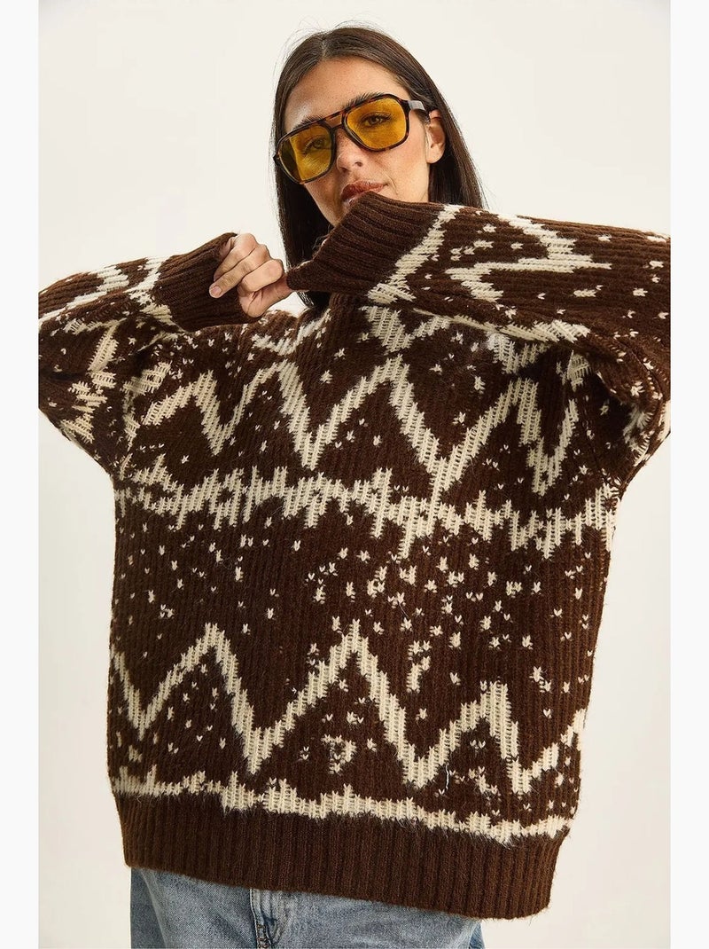 Pull ethnique oversize en maille lucci Marron - Kiabi