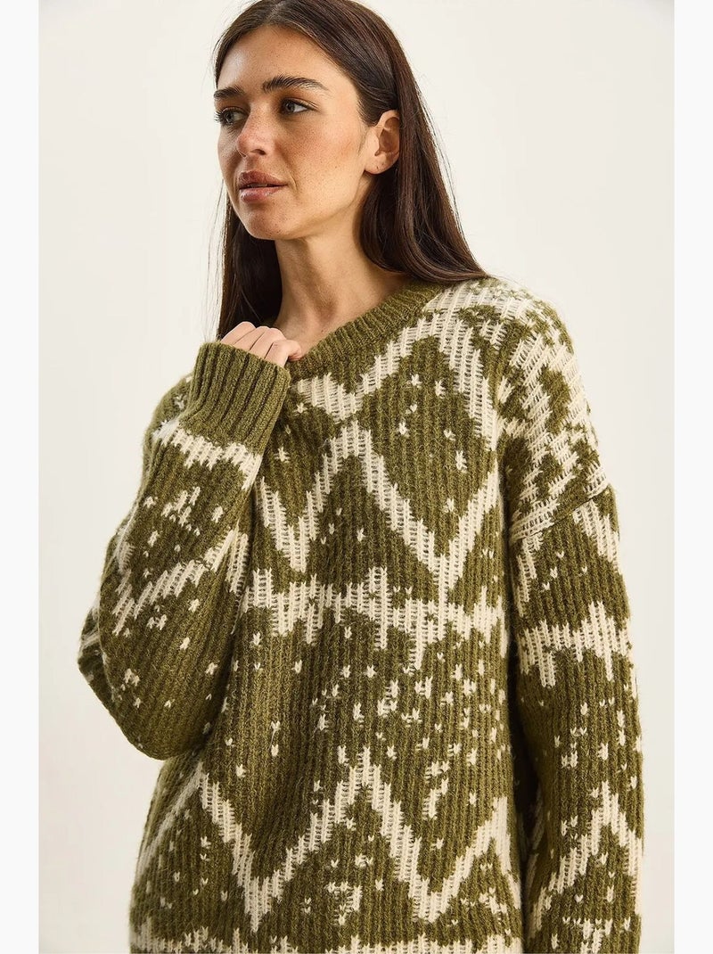 Pull ethnique oversize en maille lucci Vert foncé - Kiabi