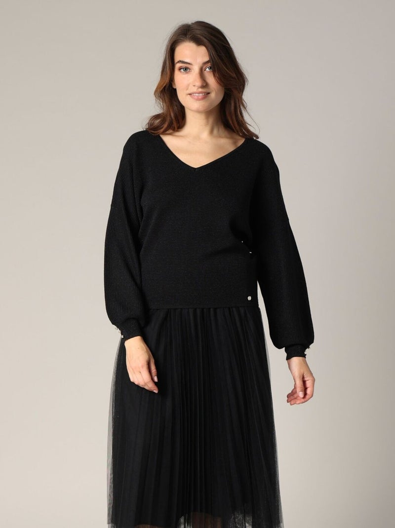 Pull féminin à col V, coupe blousante 'Deeluxe' Noir - Kiabi