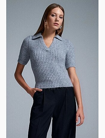 Pull femme ajusté à col polo côtelé dilvin