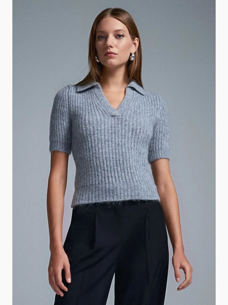 Pull femme ajusté à col polo côtelé dilvin Gris clair - Kiabi