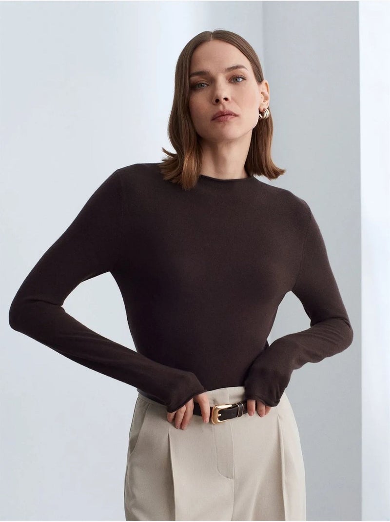 Pull femme cintré en maille côtelée, col montant court dilvin Marron - Kiabi