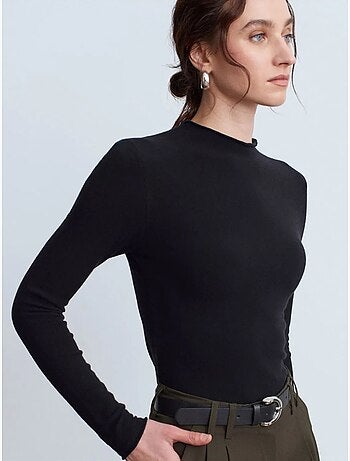 Pull femme cintré en maille côtelée, col montant court dilvin