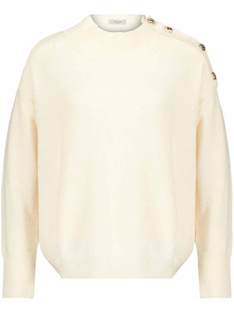 Pull femme col montant et épaule boutonnée 'Deeluxe' Beige argile - Kiabi