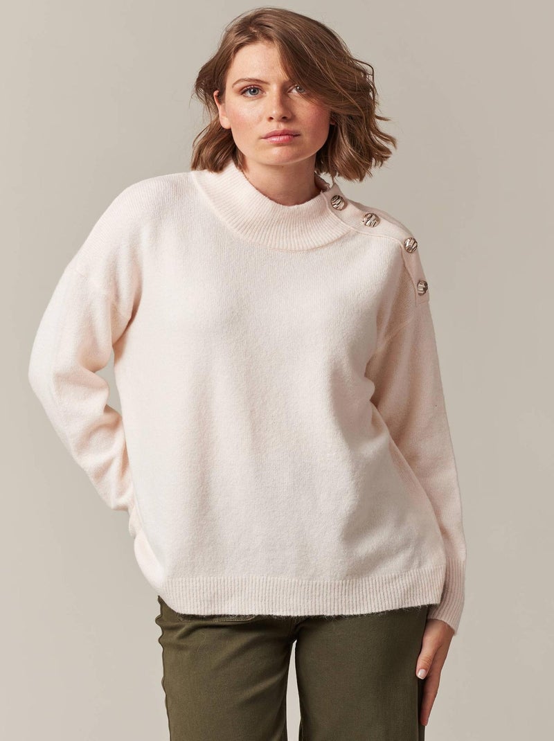 Pull femme col montant et épaule boutonnée 'Deeluxe' Beige argile - Kiabi
