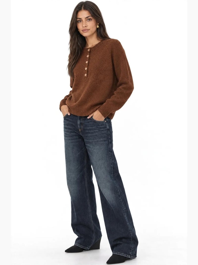 Pull femme col rond à boutons mixray Marron - Kiabi