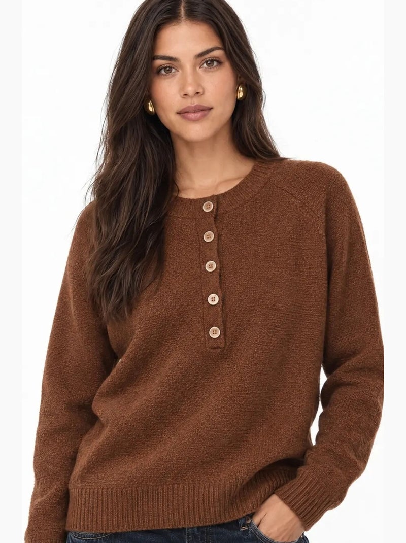 Pull femme col rond à boutons mixray Marron - Kiabi