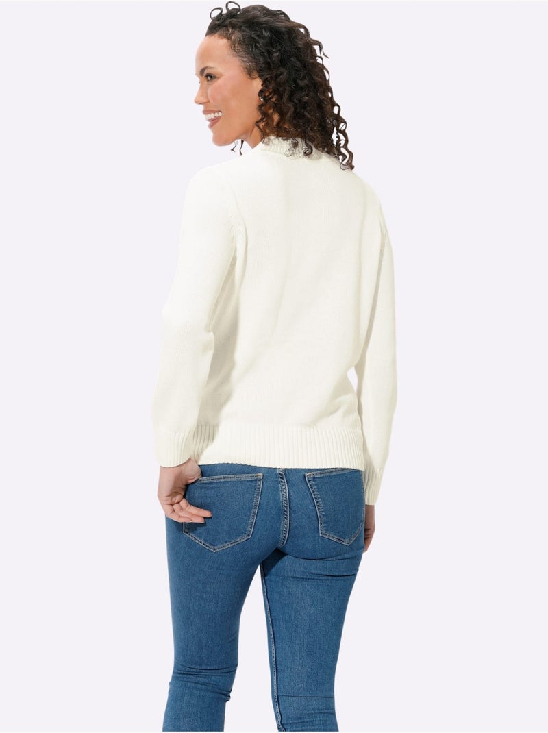 Pull femme col tortue et finitions côtelées manches et ourlet - Taille standard - Witt Blanc cassé - Kiabi