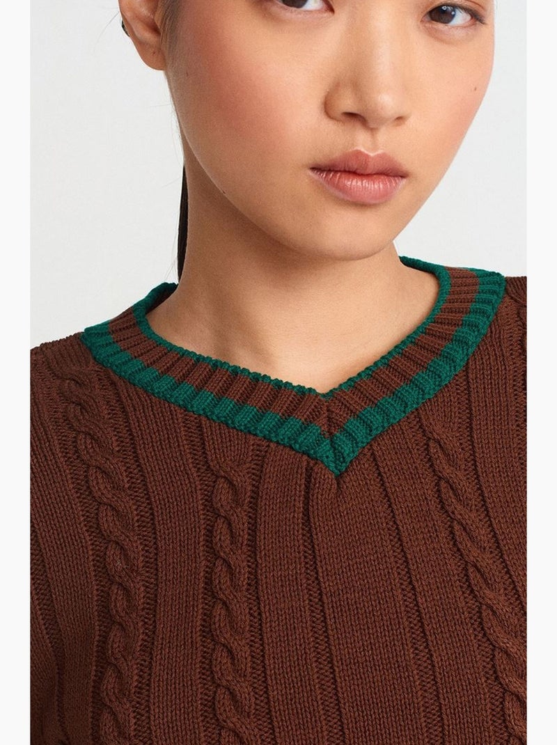 Pull femme col v en maille torsadée dilvin Marron - Kiabi