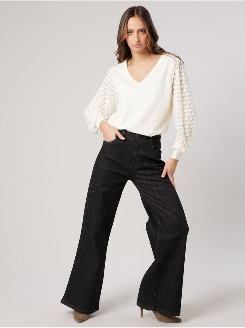 Pull femme col v manches ajourées 'deeluxe' Blanc - Kiabi