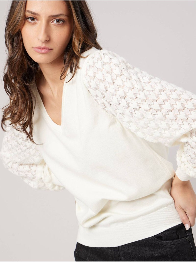 Pull femme col v manches ajourées 'deeluxe' Blanc - Kiabi